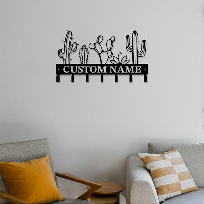Personalized Custom Name Cactus Wall Keys Hooks,Metal Cactus Art Clothes Hooks,Metal Cactus Lover Wall Home Storage Decorative,For Front Door, Hallway, Kitchen, Bedroom,Keys,Hats (Style E)