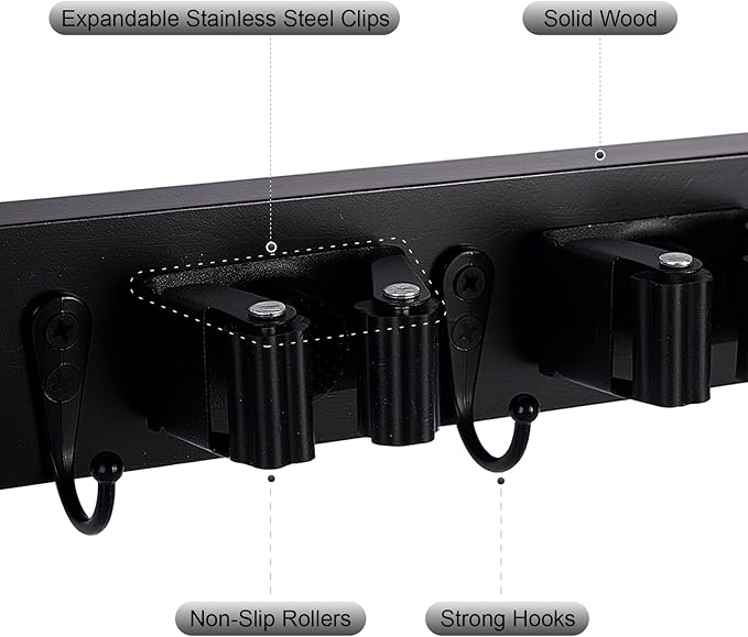 Broom Holder Wall Mount With 5 Slots & 4 Hooks，Rustic Wood Broom & Mop Hanger，Wall Mounted Garden & Garage Tool Storage Organizer Rack for Closet Laundry Room or Kitchen Wall Decor Black