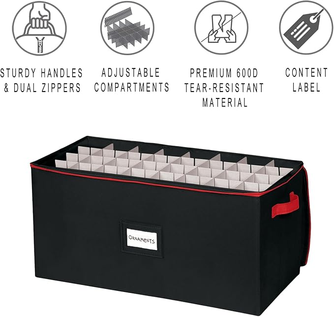 Christmas Ornament Storage Box - Large Christmas Decor Storage Containers that Store up to 128 Ornaments of 3 Inches - Durable Material To Protect And Store Holiday Ornaments Décor, Black
