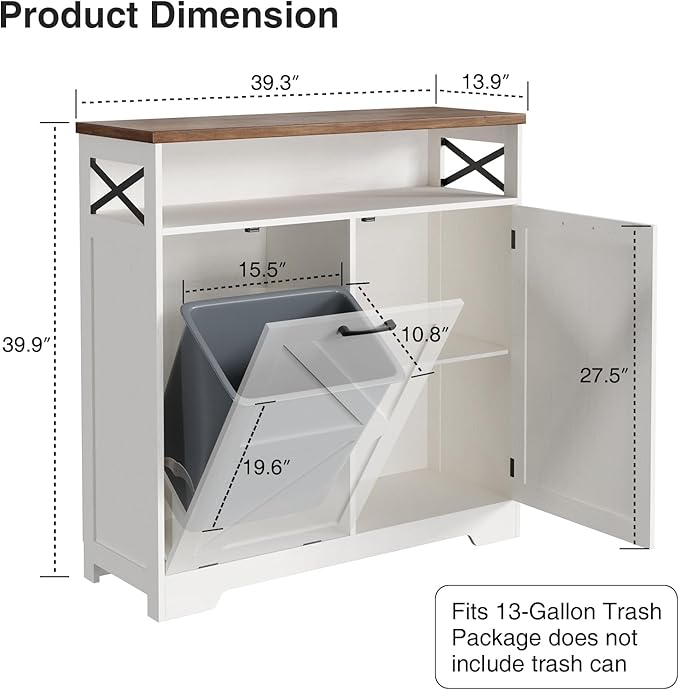 Tilt Out Trash Can Cabinet for 13 * 1 Gallon Trash Can, Farmhouse Kitchen Island Cabinet with Adjustable Shelf for Hidden Laundry Basket, Dog Proof Garbage Can for Dining Living Room, White