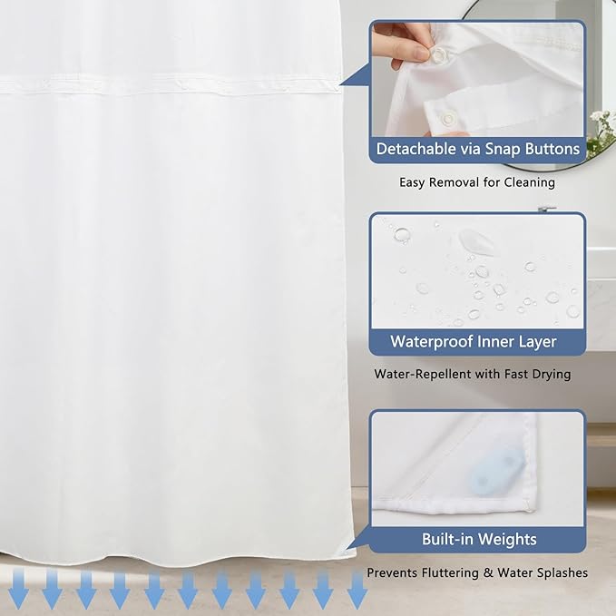 TQUQOBU No Hook Waterproof Shower Curtains, Snap-in Shower Curtain Liner with Weighted Hem & Top Window, Nautical Shower Curtain for Bathroom, Hotel and Gym, 71x74 Inches