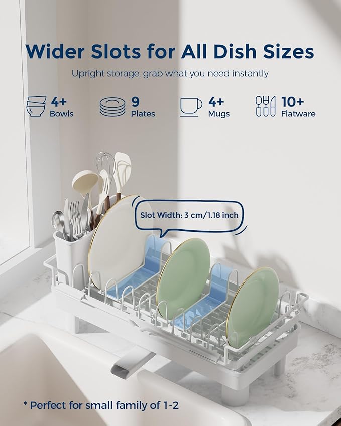 Nacial 2-in-1 Small Dish Drying Rack Fits 14''–21.8'' Sink, Dish Drainers for Kitchen Counter Extend Kitchen Sink Drain Basket with Utensil Holder & Auto-Drain Tray, Stainless Steel Plate Rack, White