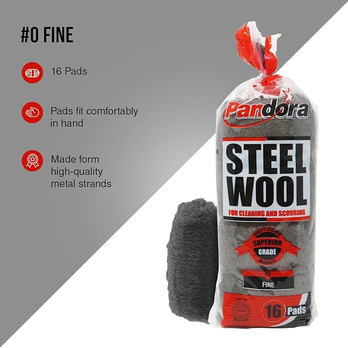 Pandora Steel Wool #0 - Fine Grade, 32 Pads for Cleaning and Scouring- Metal Strands - Ideal for Cleaning Porcelain, Tile, Grout, and Shower Doors