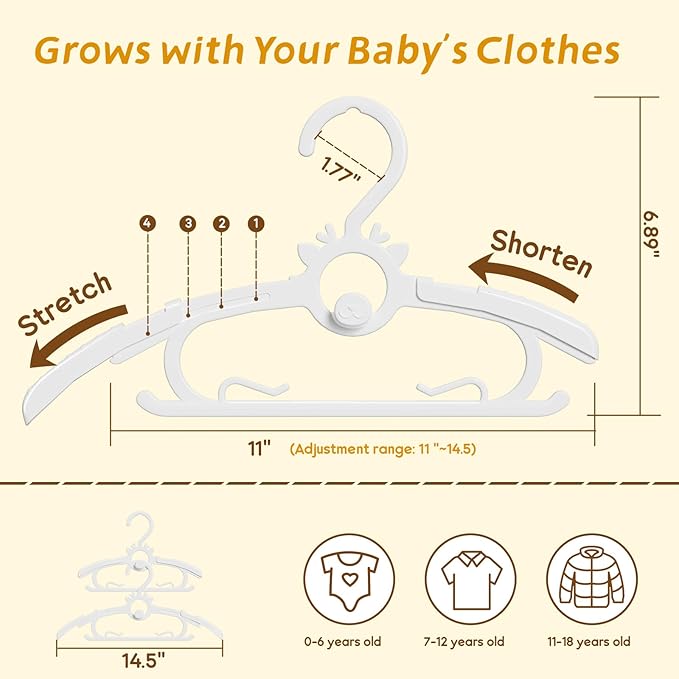 Kids Hangers 30PCS, 11"-14" Extendable and Stackable Baby Hangers, 45g Ultra-Thick Space Saving Non-Slip Plastic Hanger for Infant, Toddler and Nursery Closet, White