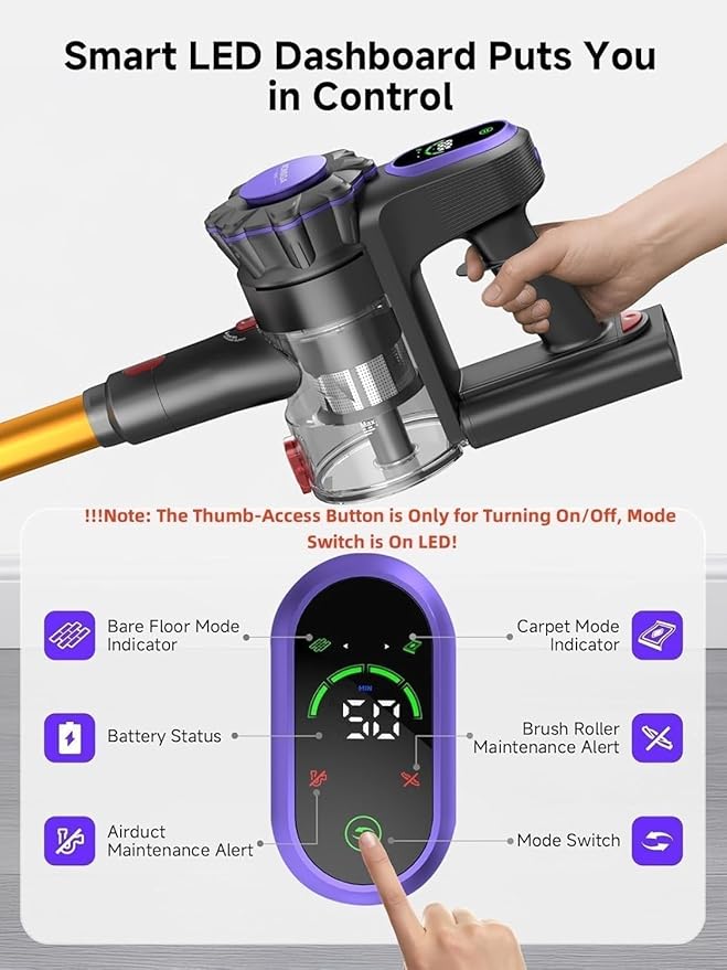 MONSGA Cordless Vacuum Cleaner, 45KPa 400W Stick Vacuum for Home, 50Mins Anti-Tangled Vacuum Cleaner with Charging Dock, Light-Weighted Handheld Vacuum for Pet Hair/Carpet/Floor (Gold&Purple)