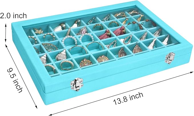 Velvet Jewelry Tray 48 Grid Jewelry Display Tray Organizer Box with Transparent Lid Rings Earrings Necklaces Pendants Display Box Suitable for Women and Girls (Light Blue)