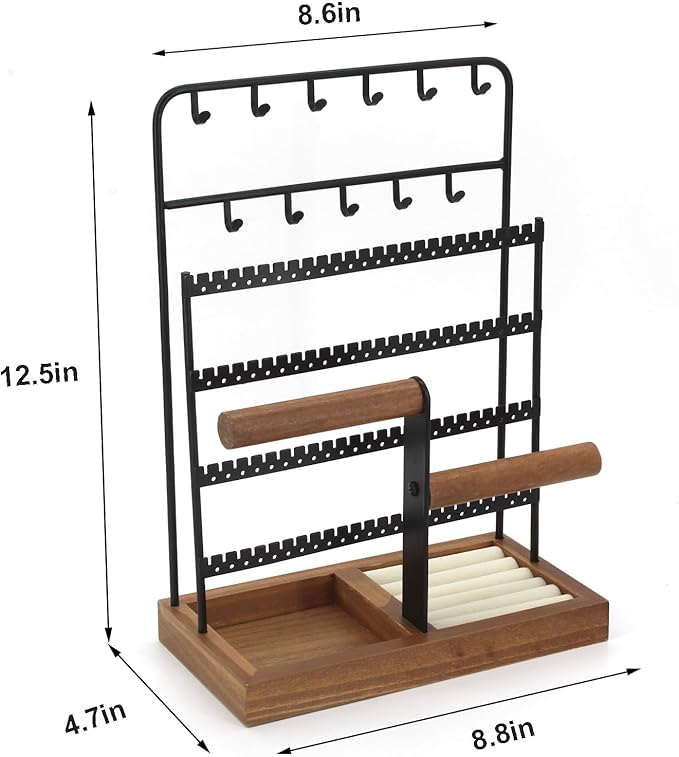 JONKASIPA Jewelry Holder Organizer Stand 4-Tier Necklace Stand Earring Holder with Wooden Tray, Jewelry Rack for Bracelets Watches and Rings Display Stand, Gifts for Women & Girls-Black