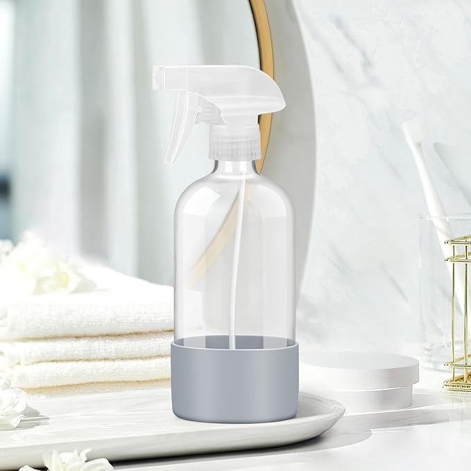 Rionisor Glass Spray Bottles with Silicone Sleeve Protection, Empty 16 oz Refillable Containers, Reusable Spray Bottles with Adjustable Nozzle for Hair, Cleaning Solutions, Essential Oils 1 Pack Grey