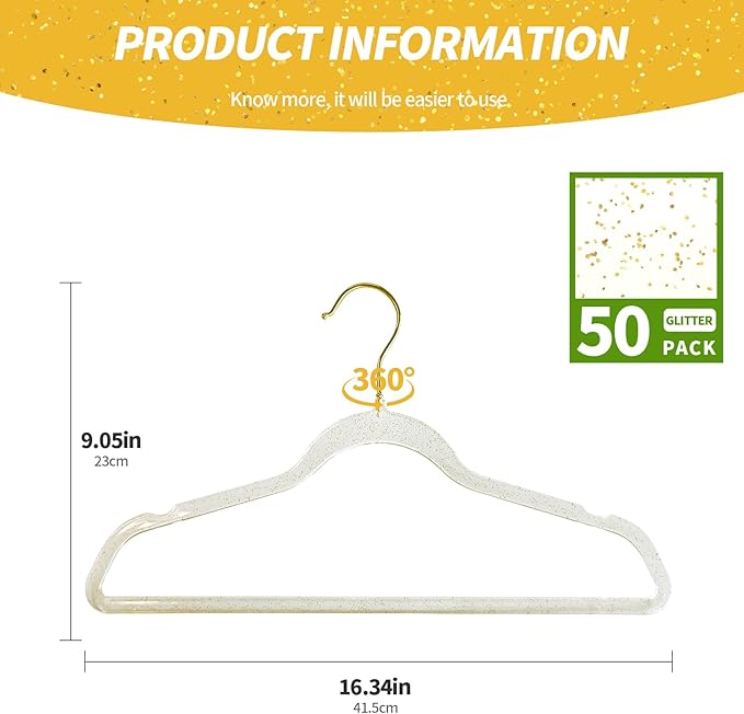 Jiang&Rong Premium Clear Acrylic Hangers with Gold Glitter – 50 Pack Crystal Plastic Coat Hangers, Thin Space Saving Hangers for Clothes, Dress, Blouse & Pants