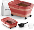 Summark 15 Lbs Dog/Cat Food Storage Container,Collapsible Food Storage Containers with Rolling Wheel Airtight Locking Lid,Pet Food Storage Container with Cup and Scoop,Pink
