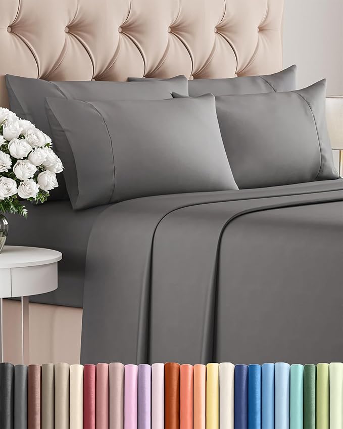 Cal King 6 Piece Sheet Set - Comfy Breathable & Cooling - Ultra Soft Hotel Luxury Bedding Set w/ 8-16 Inch Deep Pockets - 1 Flat & 1 Fitted Sheet & 4 Pillowcases - Wrinkle Free & Easy Care - Dark Grey