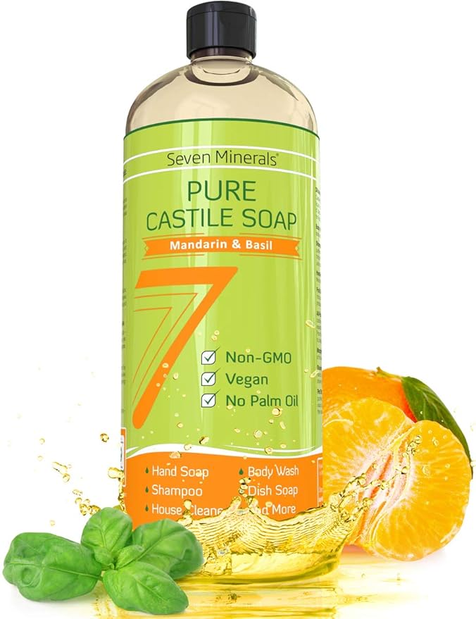 Seven Minerals Pure Castile Soap, Mandarin Basil - No Palm Oil, GMO-Free - Gentle Liquid Soap For Sensitive Skin & Baby Wash - All Natural Vegan Formula with Organic Carrier Oils (33.8 fl oz)