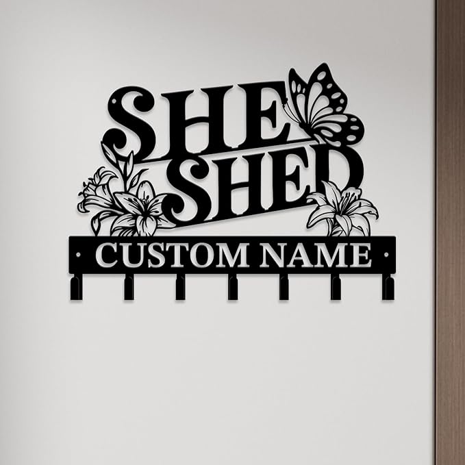 Personalized She Shed Metal Keys Hooks,Custom Name Metal She Shed Keys Hooks,Black Metal She Shed Wall Home Storage Decorative Keys Hooks,Key Holder Hooks for Wall (Style B)