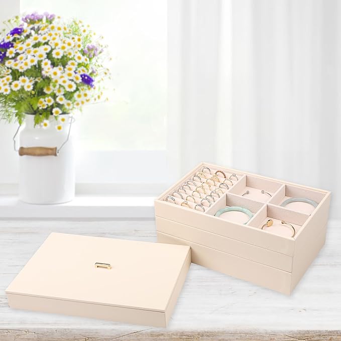Voova Stackable Jewelry Organizer Tray with Lid, PU Leather Jewelry Storage Holder for Drawer Inserts, Jewellery Display Box Case for Earring Necklace Ring Watch Bracelet (Set of 4, Apricot)