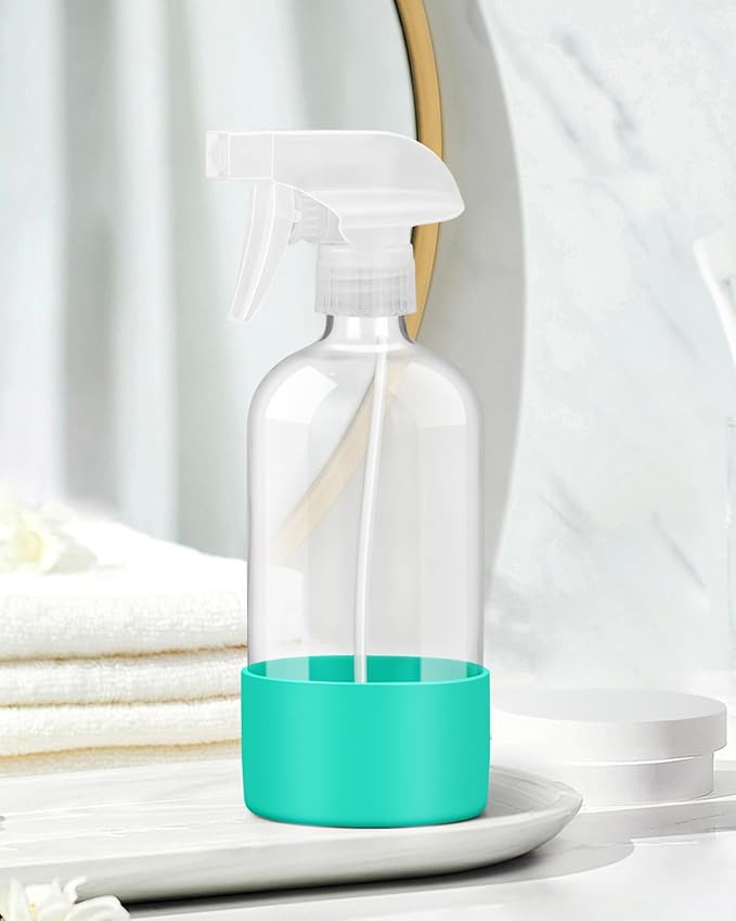 Rionisor Glass Spray Bottles with Silicone Sleeve Protection, Empty 16OZ Reusable Spray Bottles, Refillable Containers with Spray Nozzles for Cleaning Solutions, Plants and Essential Oils 1 Pack Green