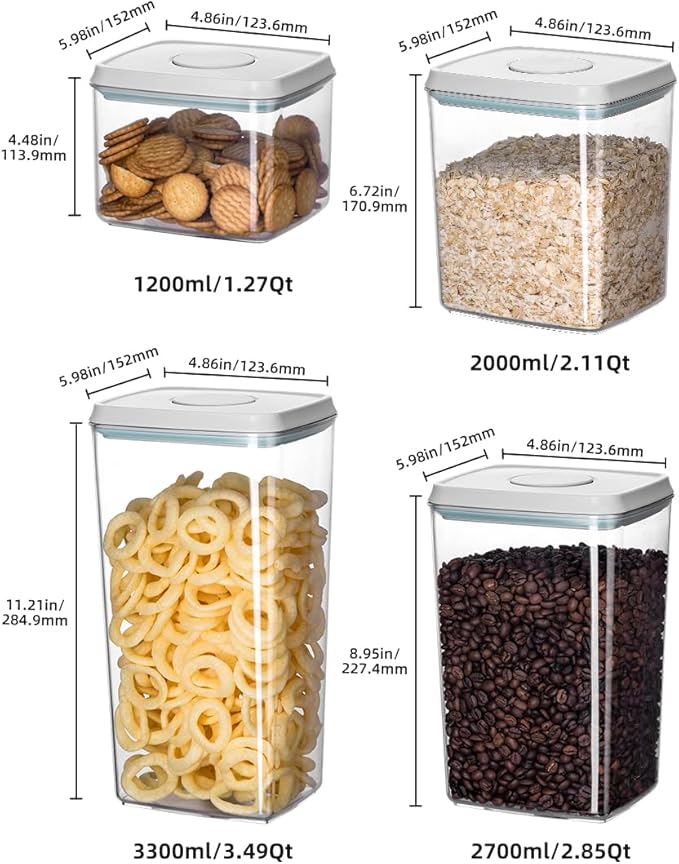 EQI 12 Pcs Pop Airtight Food Storage Containers with Lids for Kitchen Pantry Organization Stackable Cereal Snacks Flour Sugar Coffee Spaghetti (1.2, 2.0, 2.7, 3.3qt)*3