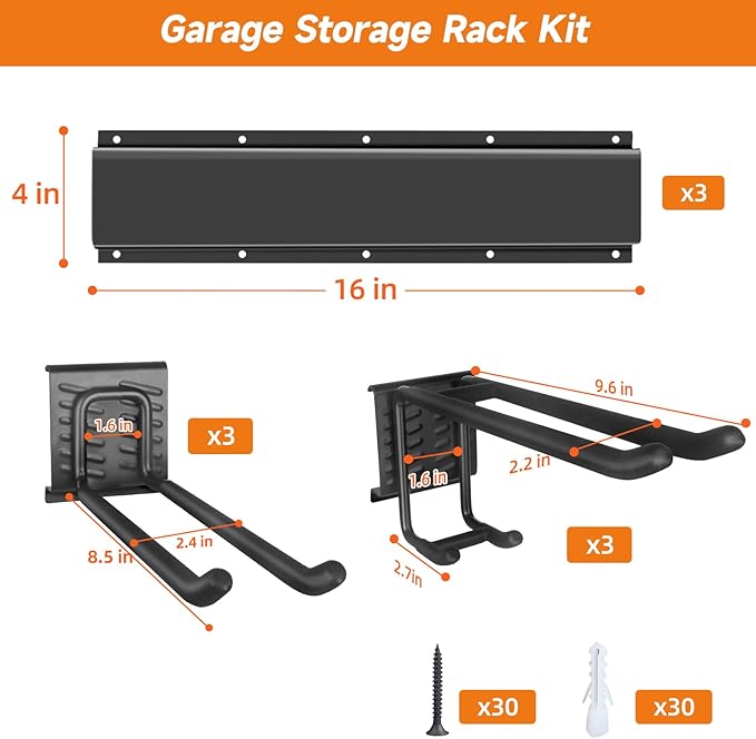 Garden Tool Organizer Wall Mount, Heavy Duty 48 Inches Garage Organization and Storage Racks for Yard Tools with 6 Hooks, Tool Hangers Holders for Hanging Folding Chair, Rake and Shovel