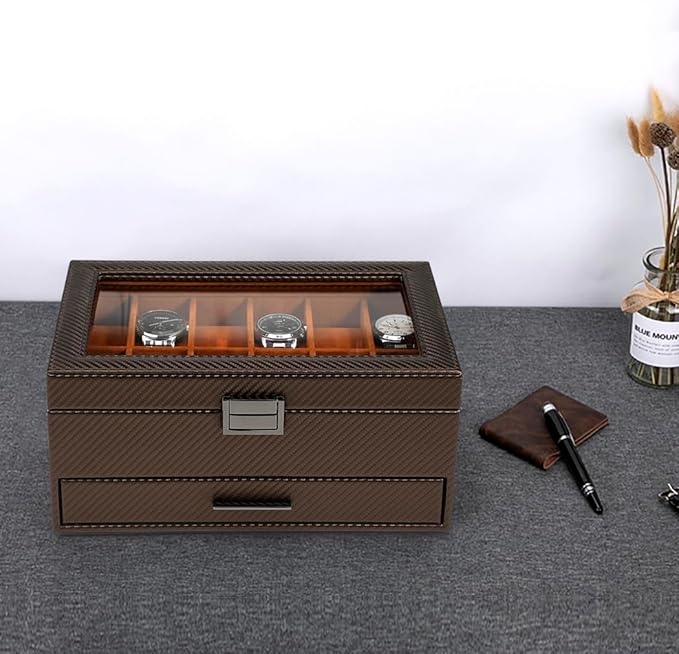 Voova Jewelry Box Watch Boxes Organizer for Men Women,2 Layer Large 12 Slot PU Leather Watch Storage Case,Glass Top Jewelry Display Holder for Watches Sunglasses Rings Necklaces Bracelets,Coffee+Brown