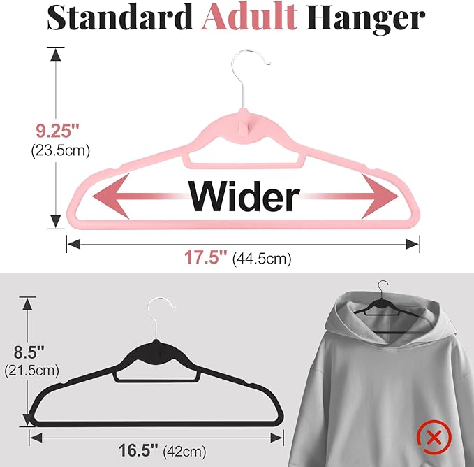 UEAKPIC Velvet Felt Stackable Hangers 50 Pack, Non Slip, with 360°Swivel Hook, Ultra Thin and Space Saving for Suits, Shirts, Coats, 15Lbs Capacity Heavy Duty, Pink