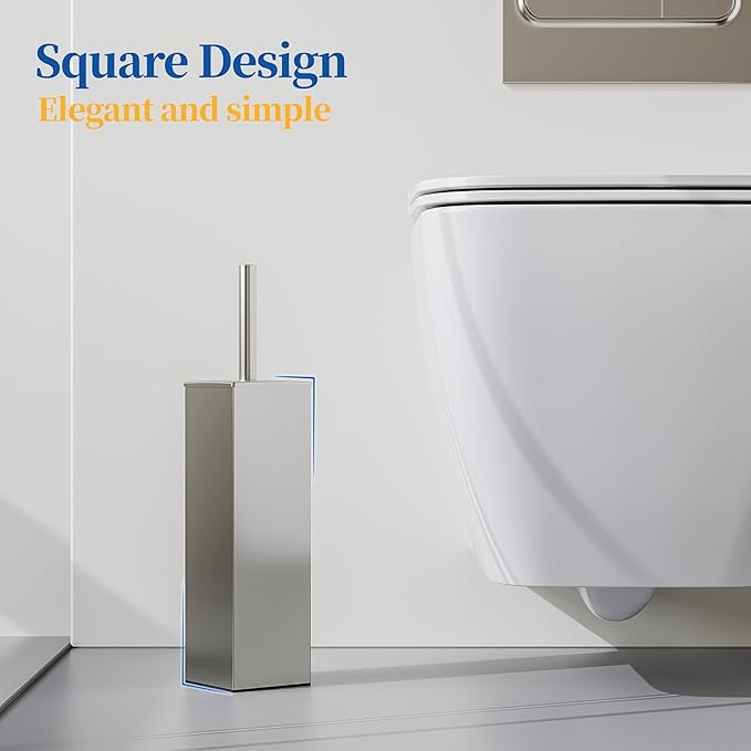 RUACQ Toilet Brush and Holder Set 2pcs,Square Toilet Bowl Brush for Bathroom with 304 Stainless Steel Handle Toilet Cleaner Brush with Durable Scrubbing Bristles,Splash-Proof (Brushed Nickel)