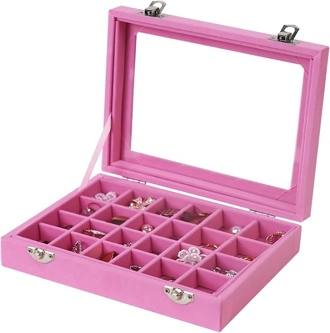 Velvet Jewelry Box 24 Grid Jewelry Earrings Display Organiser Box Ring Tray Holder Earrings Storage Case for Girls Wife Mom Women (Light Pink)