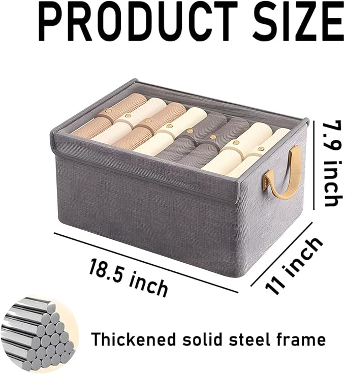 4PCS Foldable Storage Box with Lid - Extra Large Fabric Closet Organizer for Clothes, 18.5x11x7.9 Inch Canvas Bin, Collapsible Design for Bedroom, Shelf, Closet, Underbed (Grey)