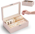 Jewelry Organizer Box with Clear Glass Lid, Bracelet Holder Jewelry Storage Case for Earrings, Rings, Bangles, Watches - PU Leather Jewelry Display Box Gifts for Women Girls, Pink
