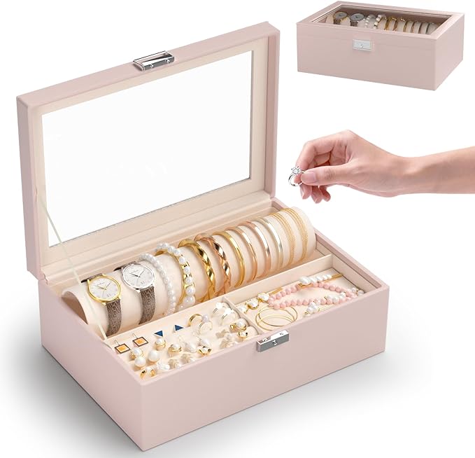 Jewelry Organizer Box with Clear Glass Lid, Bracelet Holder Jewelry Storage Case for Earrings, Rings, Bangles, Watches - PU Leather Jewelry Display Box Gifts for Women Girls, Pink