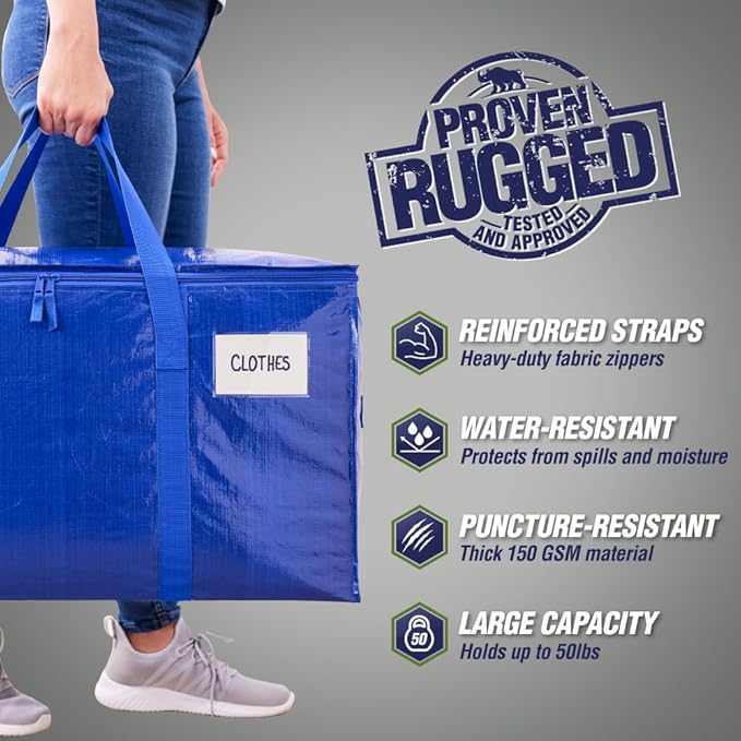 RUGGED RHINO 6 Pack Heavy Duty Extra Large Blue Moving Bags, Durable Bag with Strong Handles and Zipper, Moving Boxes Alternative for College Packing, Holiday Décor, Space Saving Storage with Label