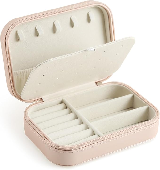 CASEGRACE Travel Jewelry Case, Double Layer Travel Jewelry Organizer for Necklace Earring Rings Jewelry Display Case for Women, Pink