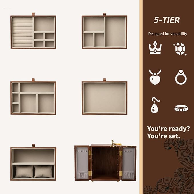 Kinsuite Black Walnut Jewelry Box - 5-tier Jewelry Organizer with Secure Double-Door, Safe with Lock for Earring, Ring, Necklace, Bracelets