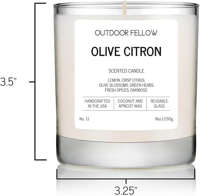 Outdoor Fellow Olive Citron Scented Candle – Highly Scented 8oz Jar Candle with Lemon, Citrus & Herbs – Non Toxic, Long Lasting Fragrance for Lemon Decor Accent in Home or Kitchen