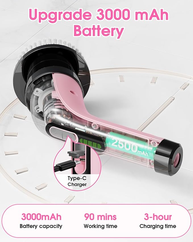 Electric Spin Scrubber for Cleaning Bathroom: Cordless Power Shower Scrubber - Electric Cleaning Brush for Tile Tub - Pink