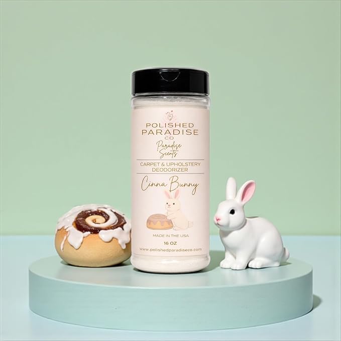 Polished Paradise Co Paradise Scents Cinnamon Bun Carpet and Upholstery Deodorizer, Easter Holiday Scent Powder for Rugs and Textiles, 16 Oz (CinnaBunny)