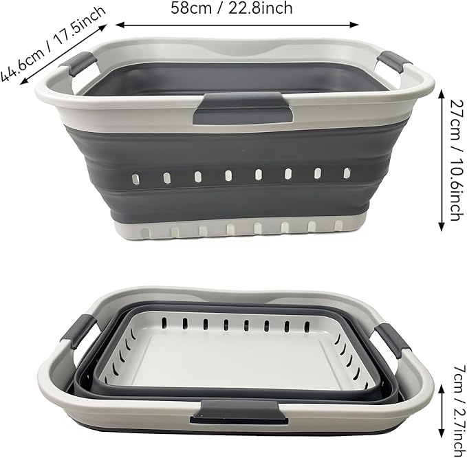 SAMMART 42L (11 Gallon) Set of 2 Collapsible Plastic Storage Basket - Foldable Pop Up Storage Container - Portable Laundry Organizer - Space Saving Hamper (Grey/Steel Grey, 42L (Style B))