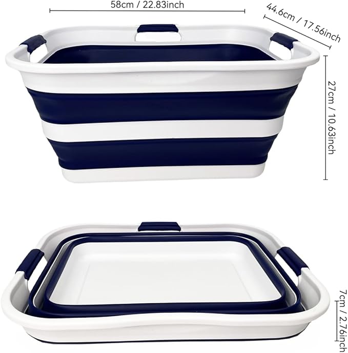 SAMMART 42 (11 Gallons) Collapsible Plastic Laundry Basket, Foldable Pop Up Storage Container/Organizer, Space Saving Hamper, Portable Bin for Dorm Room Bathroom (2, White/Starry Blue)