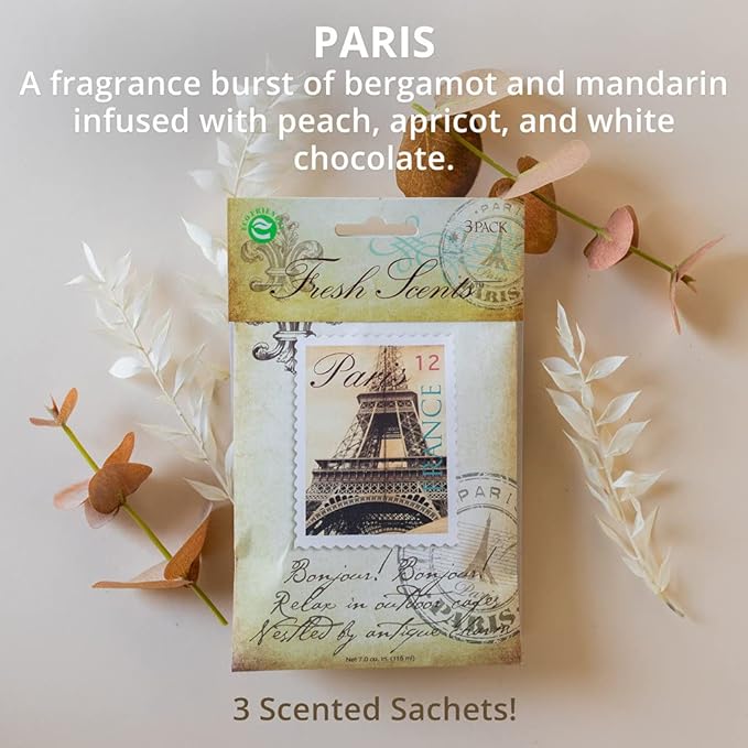 WILLOWBROOK | Fresh Scents Scented Sachet Packet | Paris | Air Freshener Bags for Drawers, Closets, Cars | 6 Pack | Long Lasting Home Fragrance