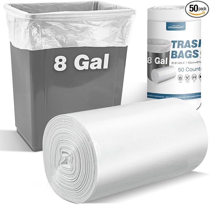 Charmount 8 Gallon Trash Bags, 50 Count Medium Garbage Bags Trash Can Liners for Bathroom Kitchen Office, Clear, Unscented