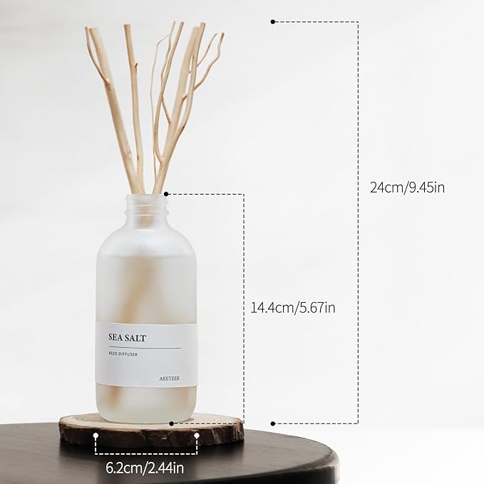Ocean Mist & Sea Salt Reed Diffuser, 7.4oz(220ml) Sea Salt Musk & Seaweed Essential Oil Refill, Bathroom Air Freshener with Willow Branches Decor, Long Lasting Fragrance for Home (1-Pack)