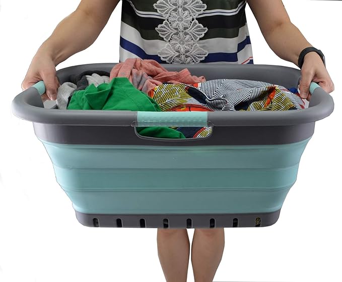 SAMMART 41L Collapsible Plastic Laundry Basket - Foldable Pop Up Storage Container/Organizer - Portable Washing Tub - Space Saving Hamper/Basket (3 handled rectangular, Medium Grey/Lake Green)