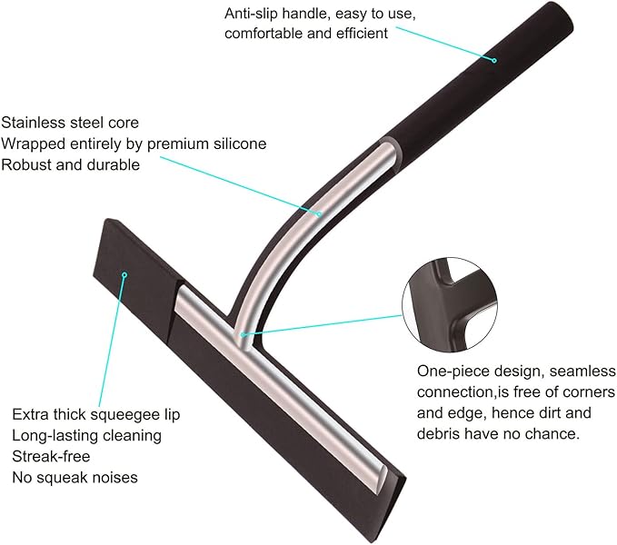 Anlynwooh All -Purpose Silicone Shower Squeegee for Shower Glass Door with Hook, Bathroom Accessories for Window Mirror Tile Car Shower Walls,Household Shower Cleaner Tool (Black, 9 inch(1 Hook)