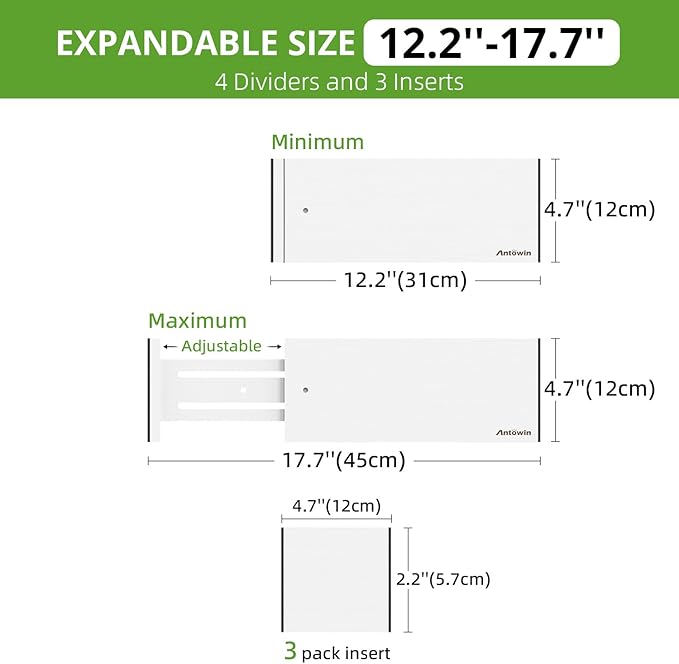 ANTOWIN 4 Pack Expandable Drawer Dividers, 4.7'' High, Extend from 12.2'' to 17.7'', Dresser Drawer Organizers, Bamboo Separators for Kitchen, Bedroom, Office, Bathroom (White)