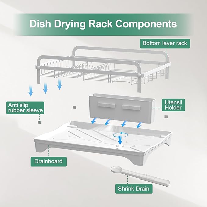 HOMEAILIE Dish Drying Rack,Dish Racks for Kitchen Counter, Metal Dish Drainer with Adjustable Drainage Spout, Removable Knife and Fork Holder (White)
