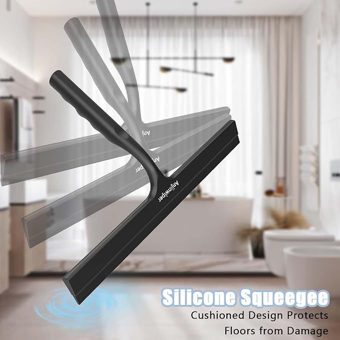 Anjinwiper Household Squeegee for Shower Glass Doors, Silicone Shower Squeegee with Adhesive Hook, Bathroom Squeegee for Shower, Window Cleaner Tool for Glass Door, Kitchen, Tile Wall(10 inch-Black)