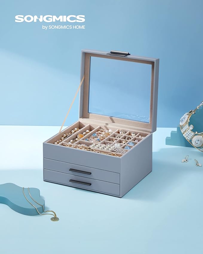 SONGMICS Jewelry Box Organizer with Glass Lid, 3-Layer Jewelry Storage, with 2 Drawers, Modern Style, 8 x 9.1 x 5.3 Inches, Smoky Blue and Silver UJBC239BU