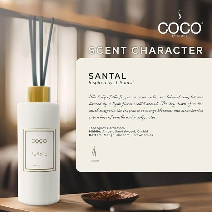 COCO by Stone 5oz Reed Diffuser (Santal) – Luxury Scented Oil Diffuser for Home Aromatherapy, Long-Lasting Vegan Fragrance, Elegant Home Décor and Air Freshener
