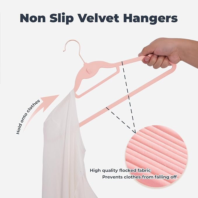 Limogoo Pink Velvet Hangers 50 Pack, Felt Covered Non Slip Fabric with Stackable Cascading Hook, Ultra Thin and Space Saving with 360° Swivel Neck, 15Lbs Capacity for Clothes, Suit, Shirt, Coat