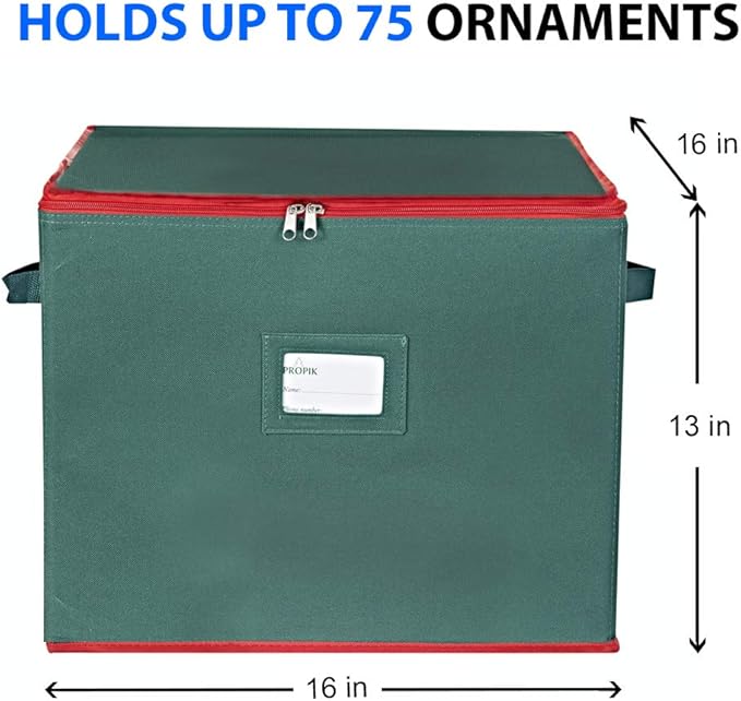 ProPik Large Christmas Ornament Storage Box, Organizer Holds Up to 75 Xmas Ornaments Balls, Holiday Decorations Accessories Storage Container with Dividers, Durable 600D Oxford (Green)