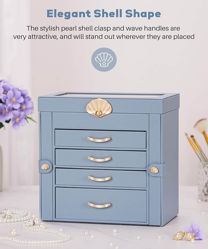 Jewelry Box with 4 Drawers: Display Organizer for Earrings Necklaces - Gifts for Girls Women (Grey Blue)