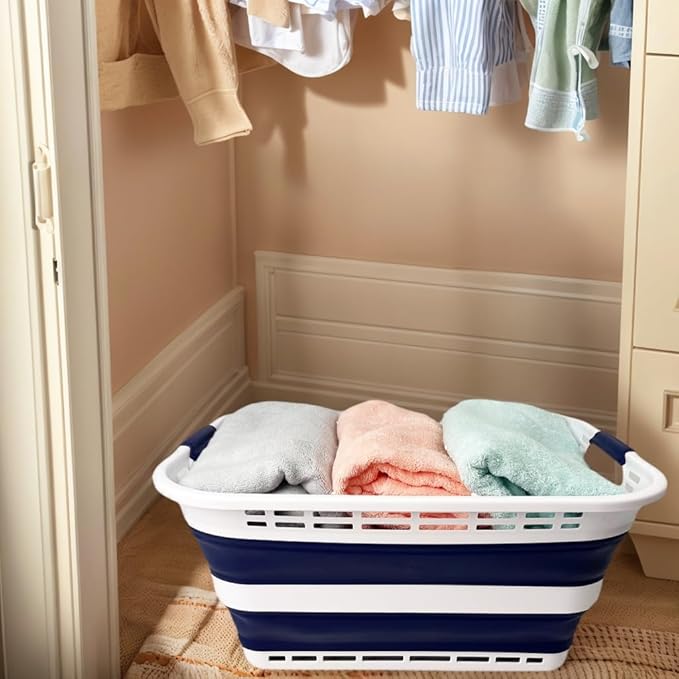 SAMMART 42L (11 Gallons) Collapsible Plastic Laundry Basket - Foldable Pop Up Storage Container/Organizer - Portable Washing Tub - Space Saving Hamper/Basket [BPA Free] (White/Starry Blue (Set of 2))